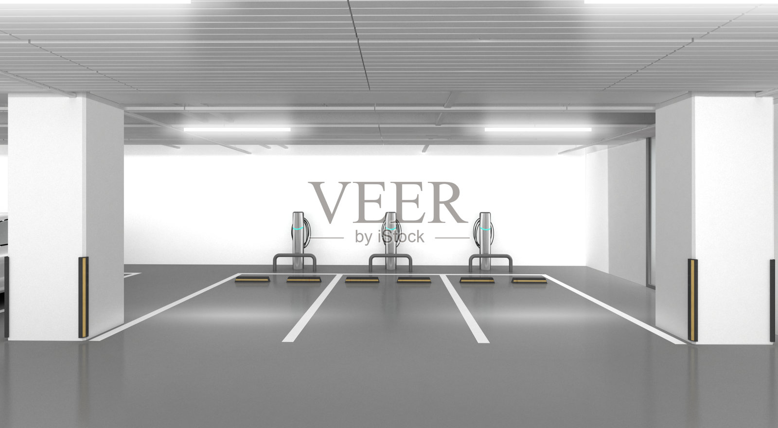 停车场3d插图。电动汽车充电区。照片摄影图片