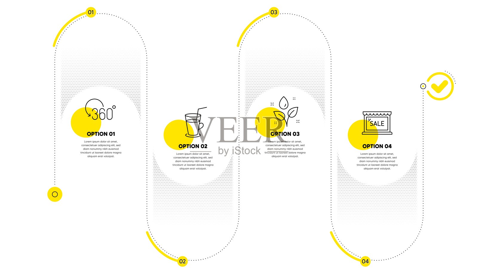 鸡尾酒,植物浇水和充分旋转图标设置。销售的迹象。新鲜饮料,水滴,360度。向量插画图片素材