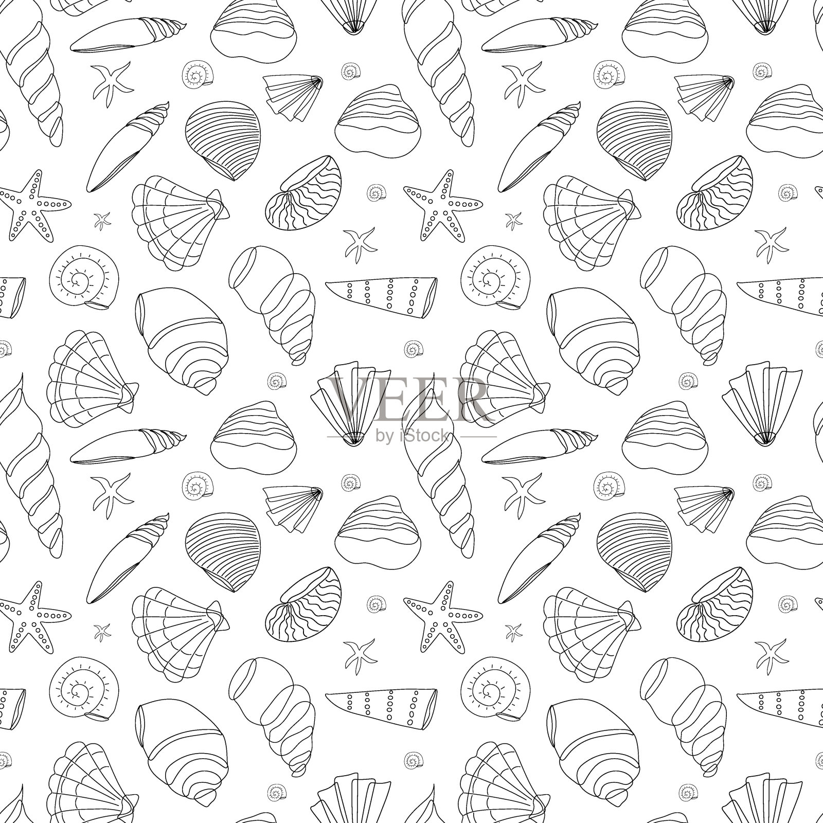 无缝模式的贝壳在一个轮廓上的白色背景。涂鸦插图。向量的背景。插画图片素材
