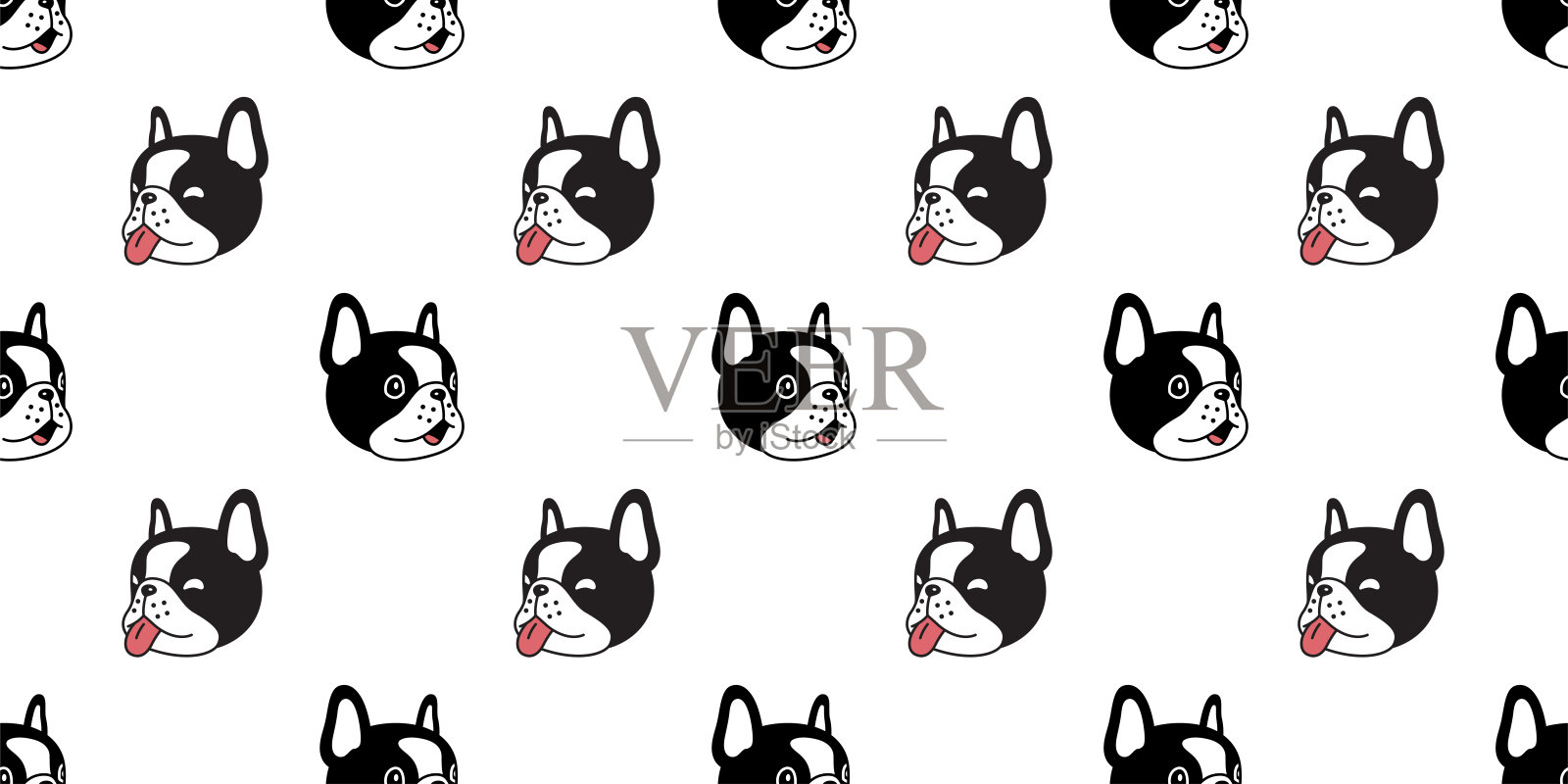 狗无缝图案法国牛头犬微笑头向量足迹爪卡通重复墙纸瓷砖背景围巾孤立的插图涂鸦设计插画图片素材