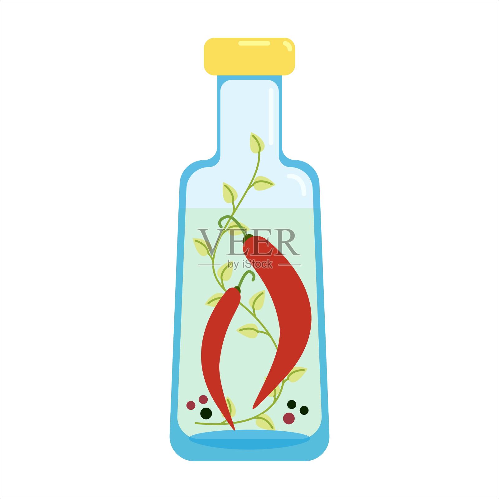 辣椒和香料装满了醋,在一个玻璃瓶中烹饪药草和香料的酊剂,平面风格的矢量剪贴画,分离插画图片素材