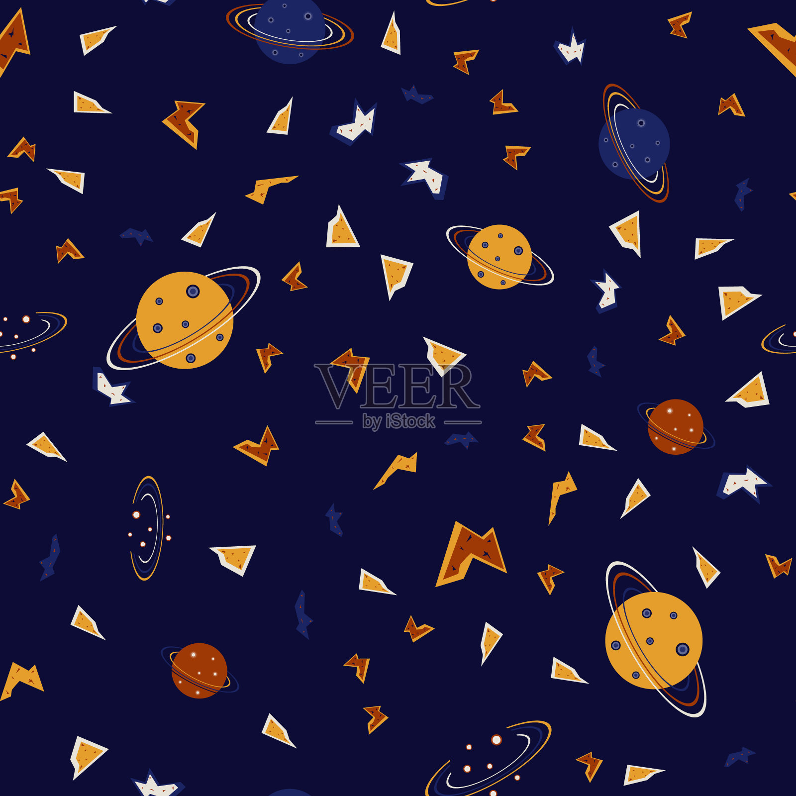 Ufo,太空,小行星。无缝模式的卫星,行星和流星,矢量插图。婴儿、儿童、儿童用织物和纺织品。无尽的空间背景与恒星,星系,宇宙。插画图片素材