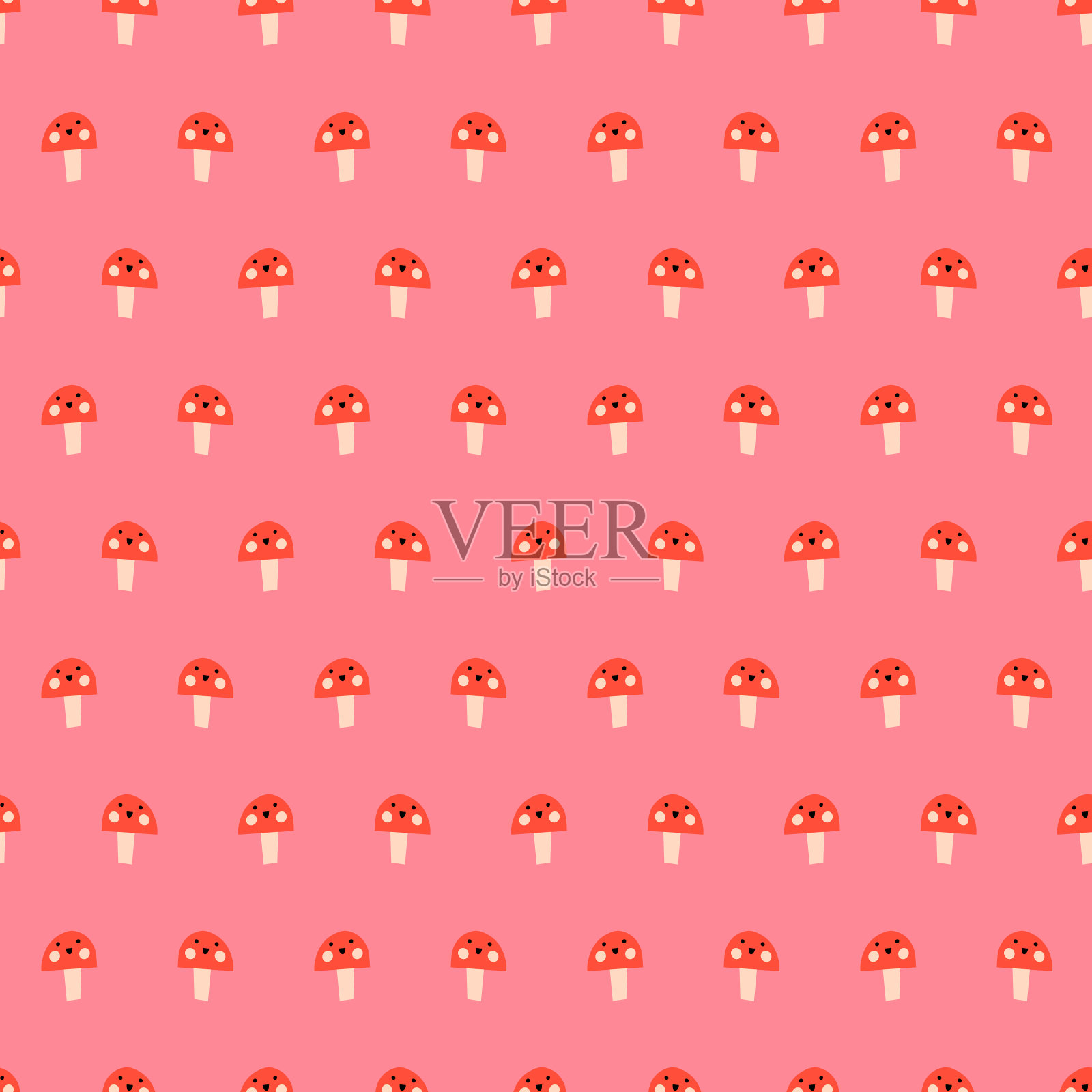 无缝载体重复模式微笑可爱蘑菇真菌毒菌。摘要简单蘑菇重复底色粉红红色。表面图案设计面料,儿童服装,儿童装饰,婴儿。插画图片素材
