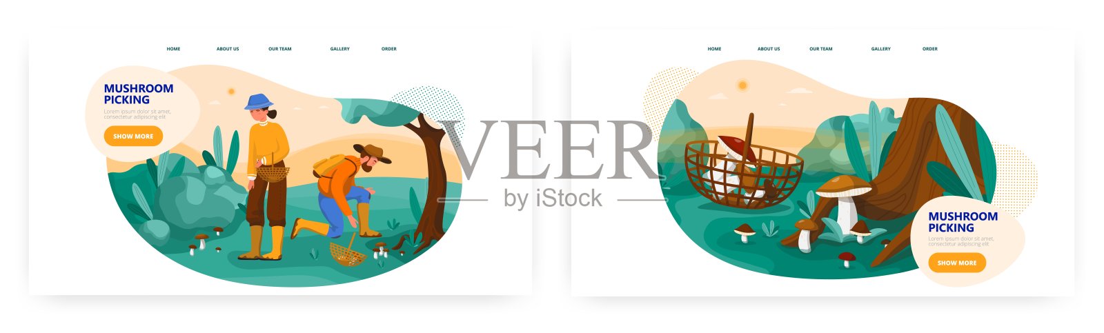 在森林里采摘蘑菇,登陆页面设计,网站横幅矢量模板。户外秋季活动,爱好。插画图片素材