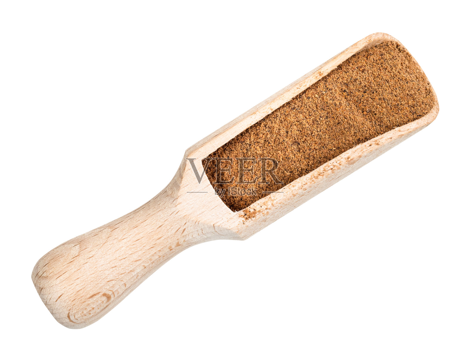 肉豆蔻粉在木勺上切成白色照片摄影图片