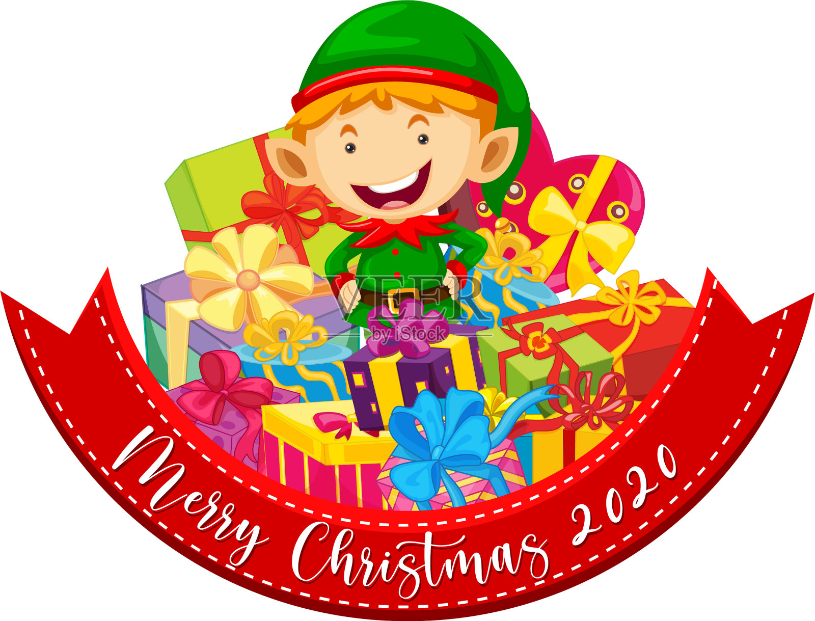 圣诞快乐2020字体横幅与可爱的小精灵设计元素图片