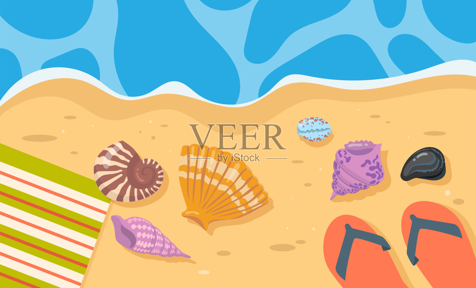 贝壳,毛巾,沙滩上的人字拖卡通插图插画图片素材