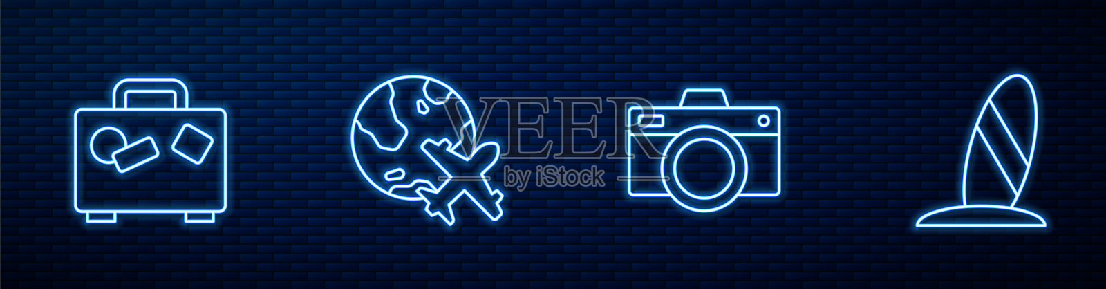 设置线摄影相机,手提箱,环球飞行飞机和冲浪板。砖墙上发光的霓虹灯图标。向量图标素材