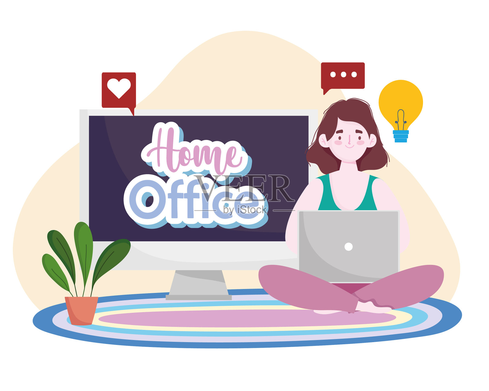 年轻女子坐在家里的地板上使用笔记本电脑设计元素图片