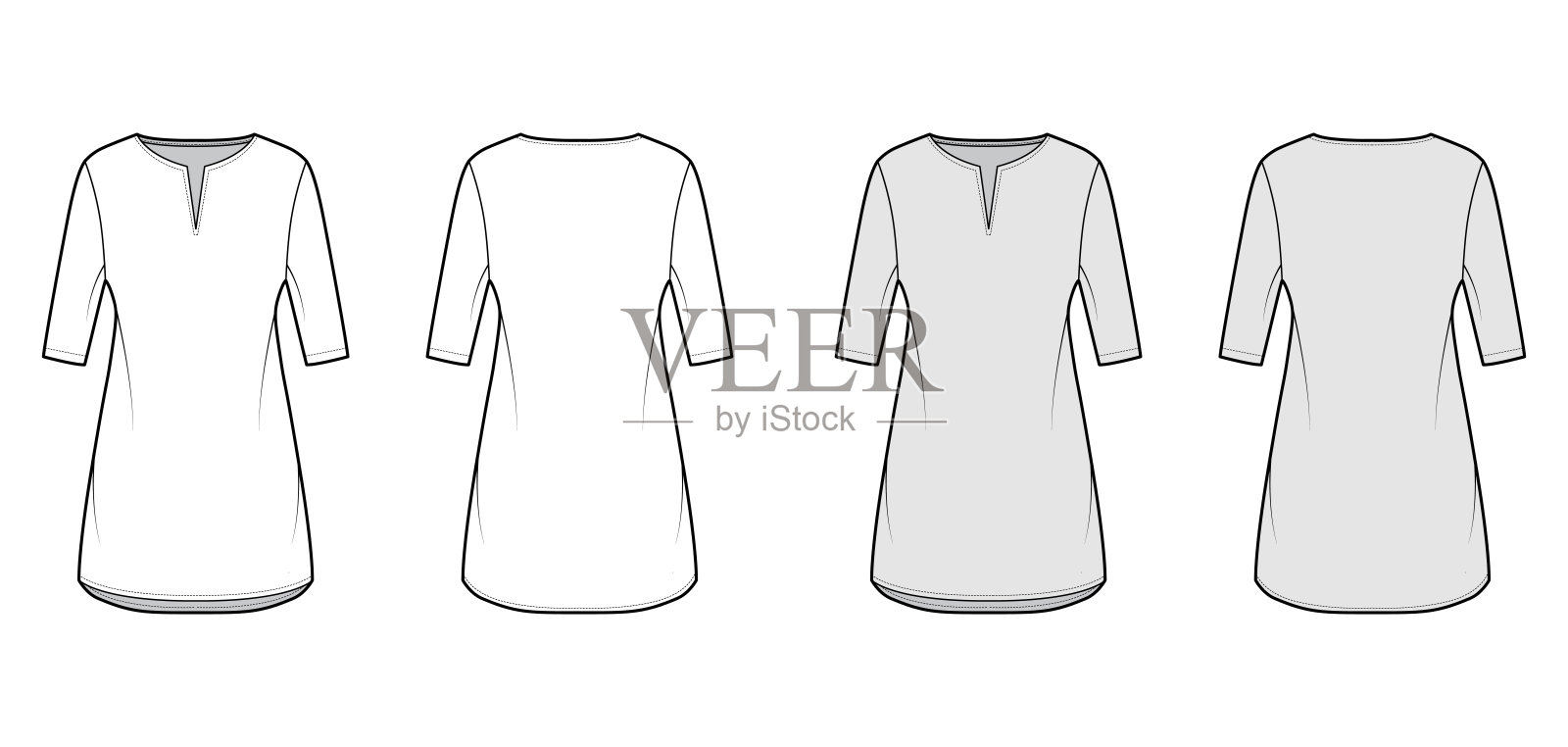 以肘袖、超大体型、迷你裙、开衩领为特点的束腰外衣。平插画图片素材