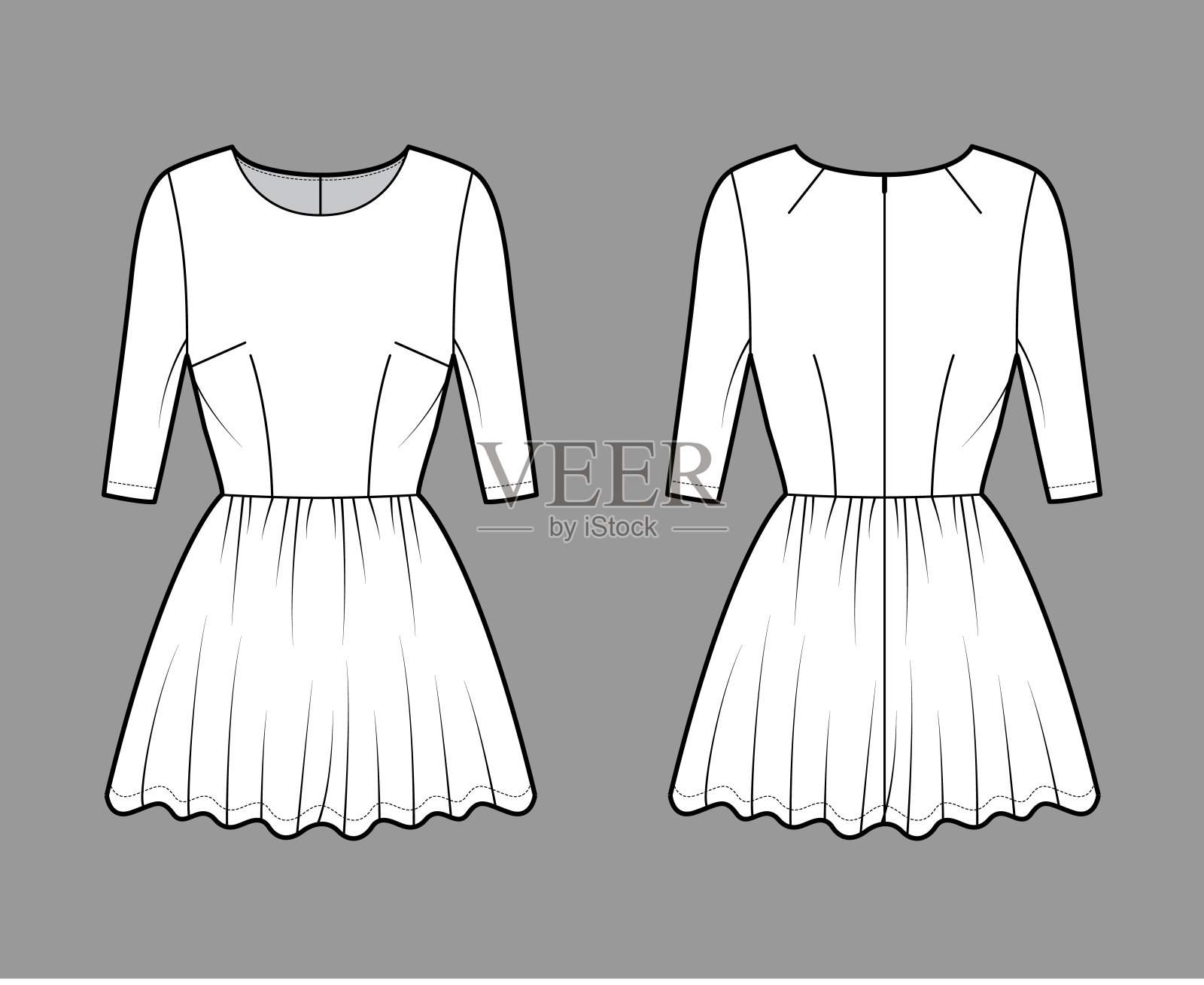 短连衣裙技术时尚插图与肘袖,合体的身体,迷你裙长。平服装方面设计元素图片