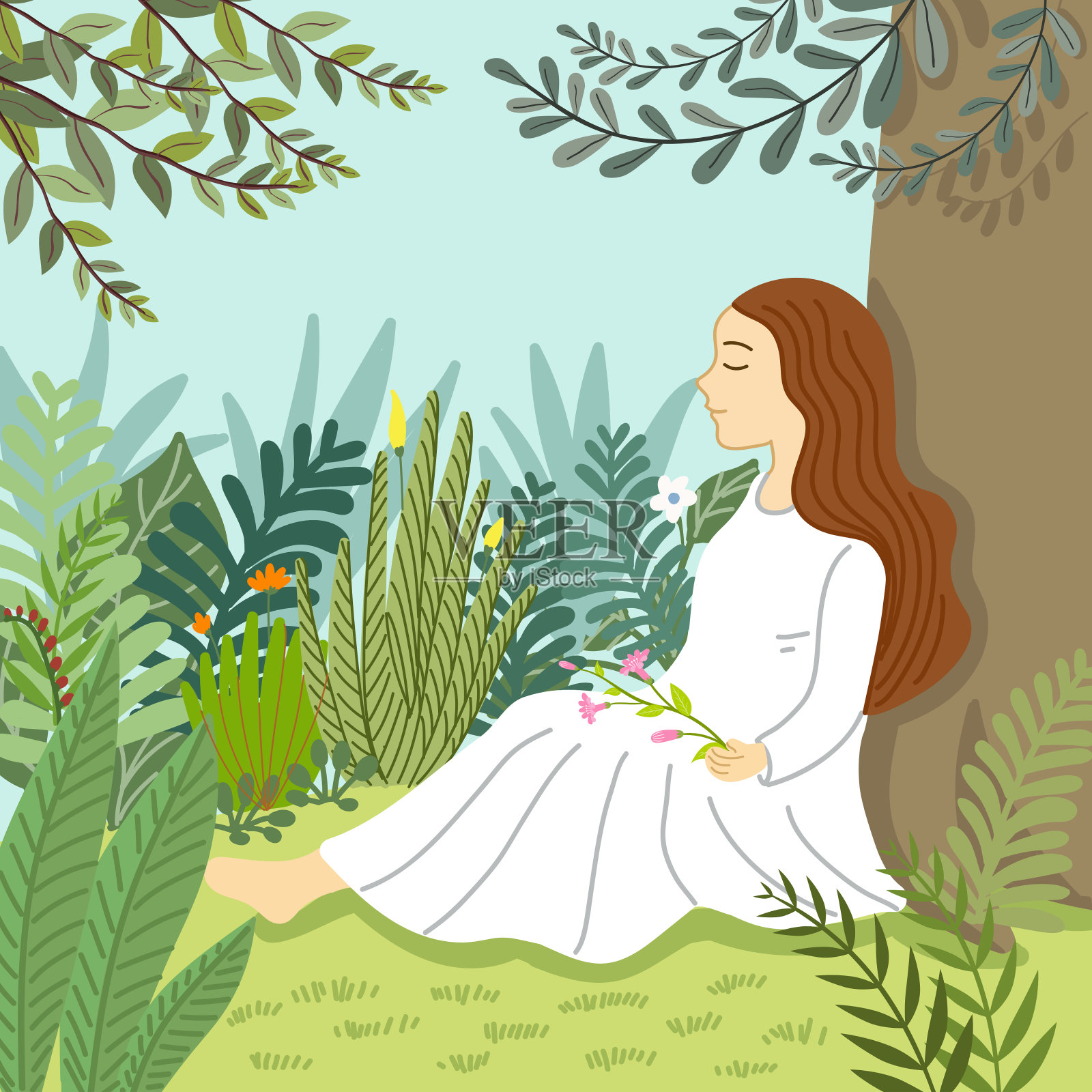 女人放松地坐在公园的一棵树下,矢量,插图插画图片素材