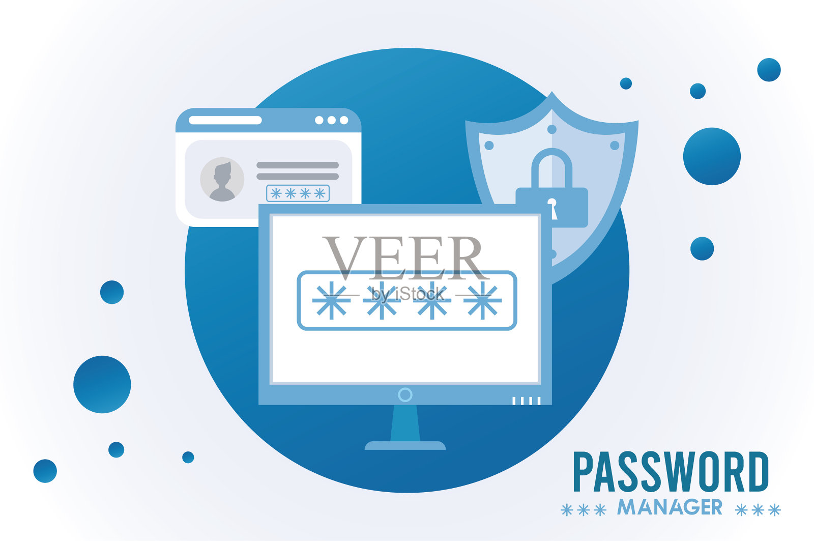 密码管理主题与挂锁在盾牌和插画图片素材