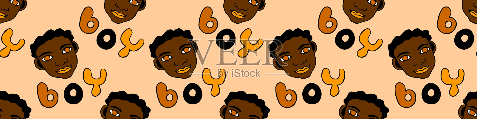 无缝模式与卡通脸向量男孩和字母。手绘涂鸦头的儿童人。幼稚的纹理背景下插画图片素材
