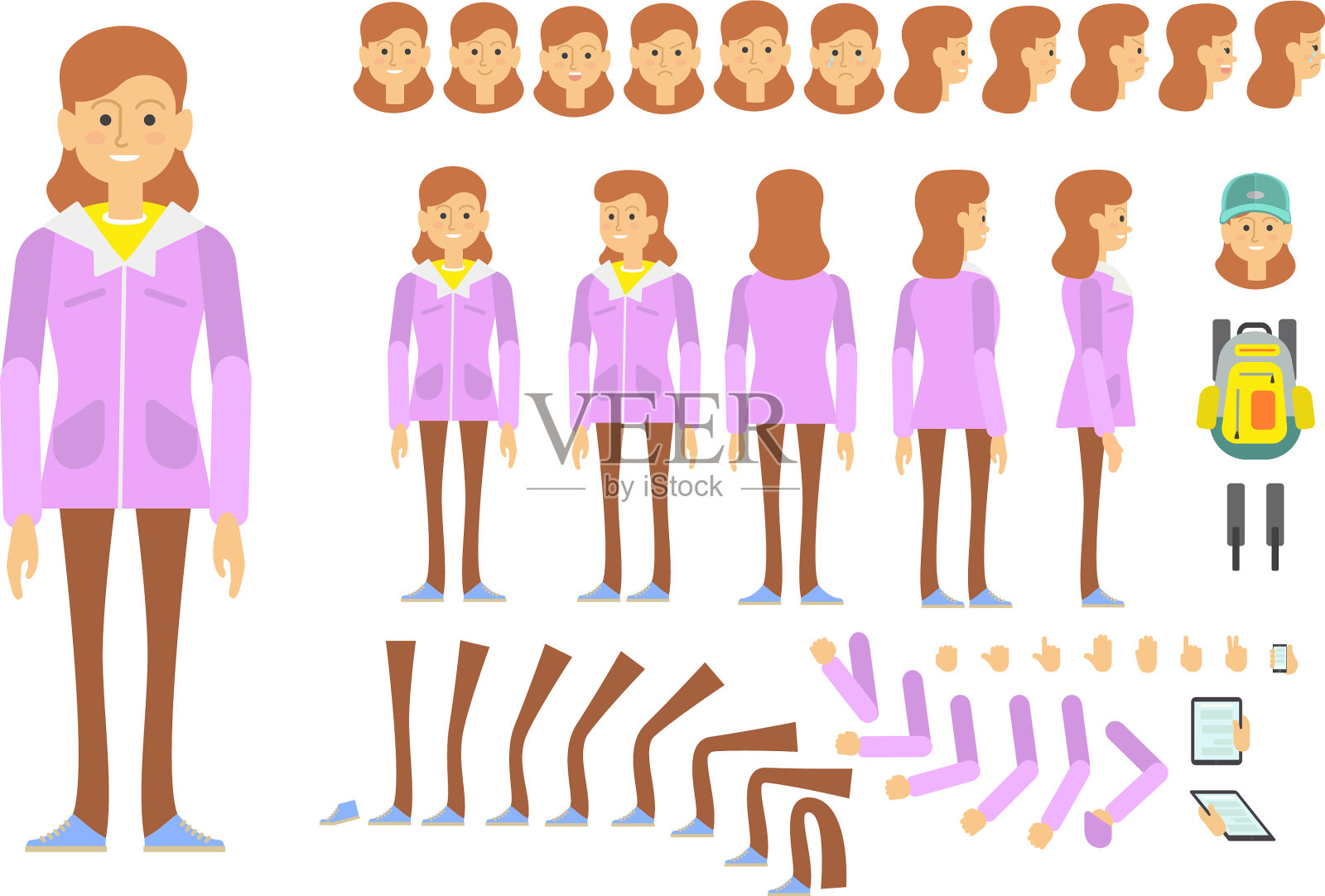 学生女孩角色设置不同的姿势图标素材