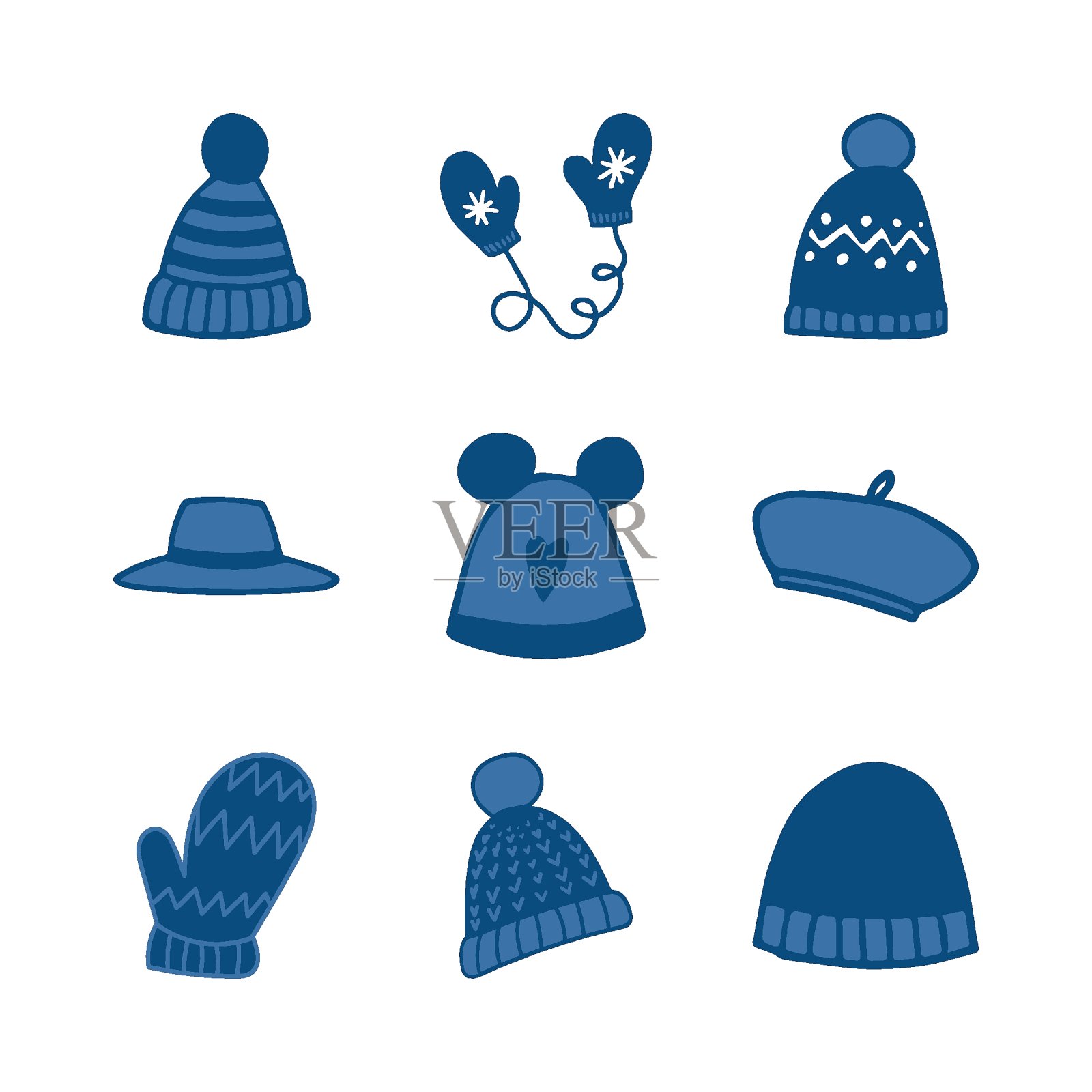 海军蓝冬季帽子和手套手绘图标图标素材