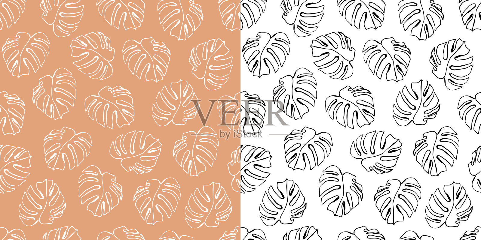 套矢量花,热带叶无缝模式。蓝色、米色的树叶怪兽手画现代线条艺术风格。用于印花纺织品的天然装饰插画图片素材