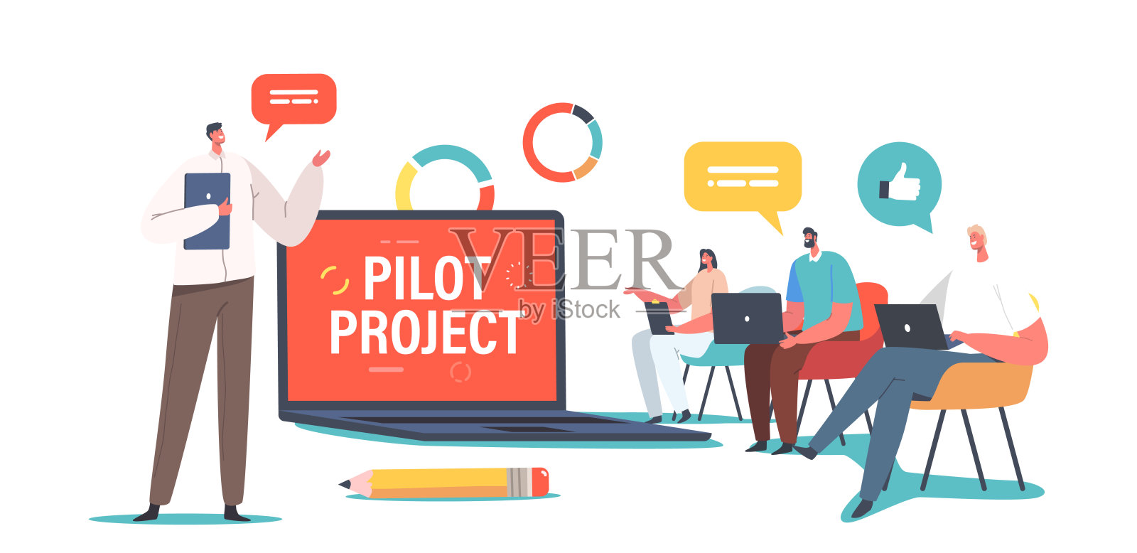 在会议室专题小组会议上讨论试点项目。谈判桌上的员工插画图片素材