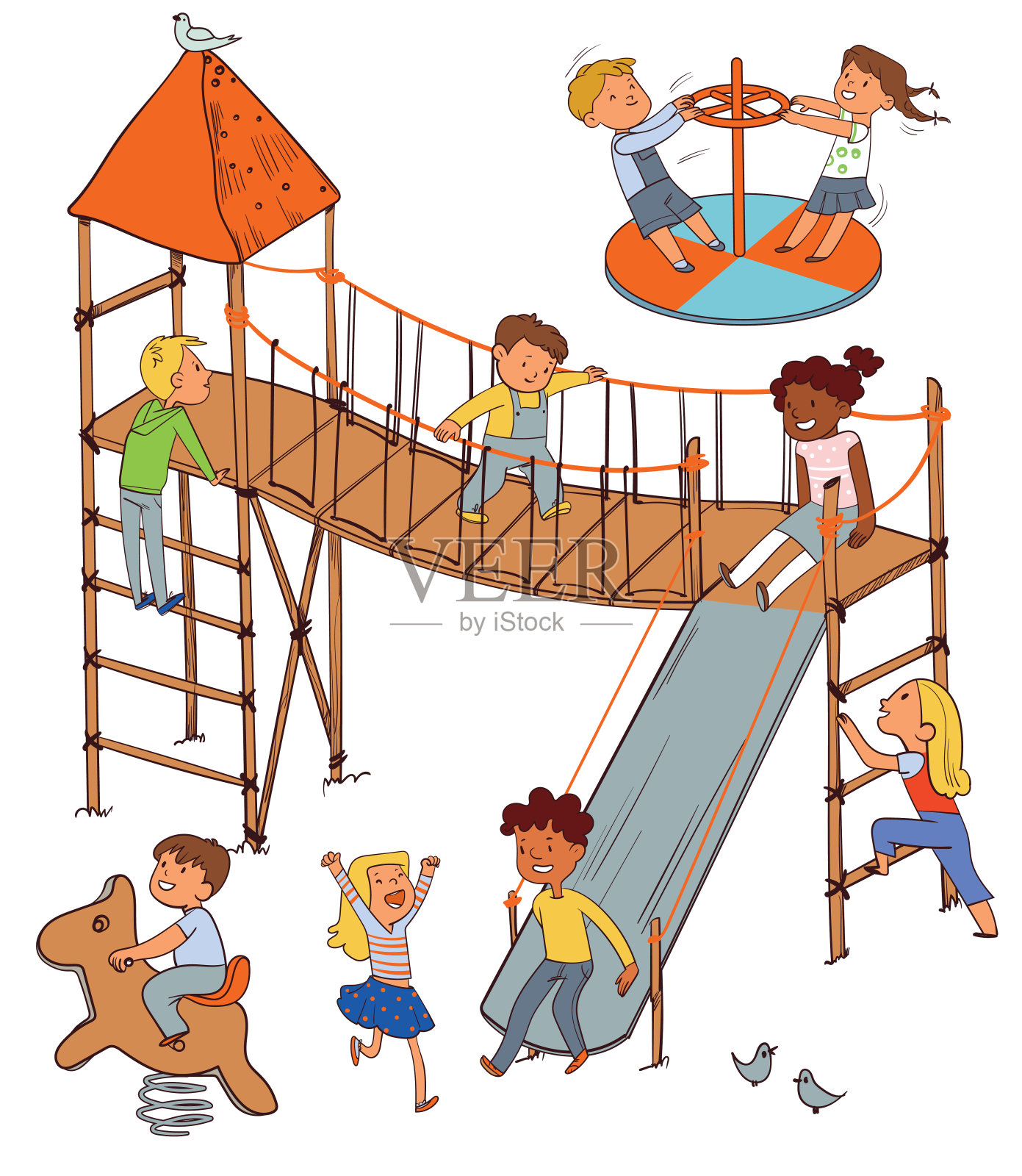 孩子们在操场上。有趣的卡通人物插画图片素材