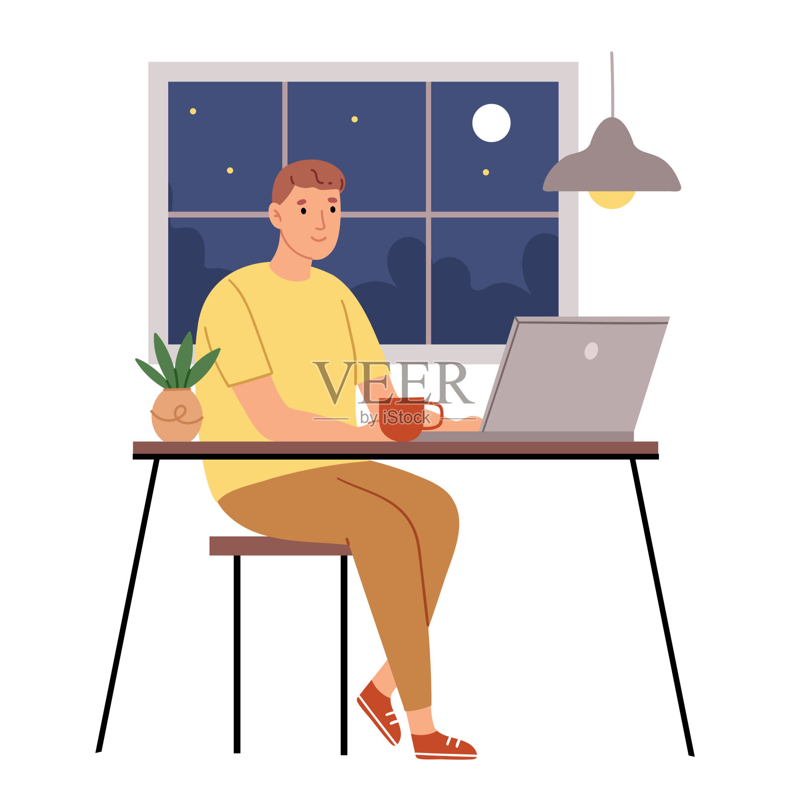 程序员在晚上工作。穿着睡衣的人坐在笔记本电脑前。时尚的工作场所。在厨房工作。插画图片素材