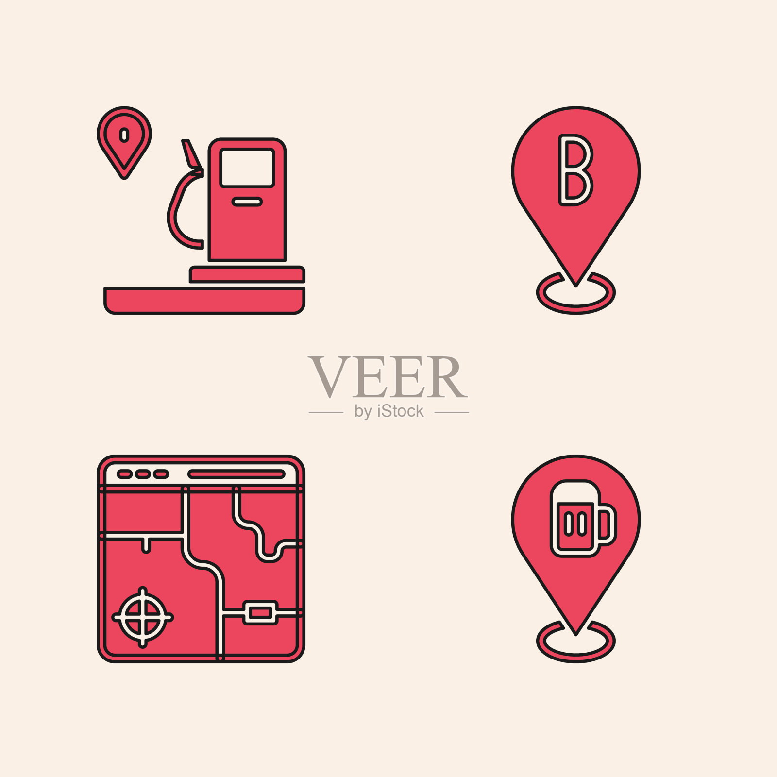 设置酒精或啤酒吧的位置和气体图标素材