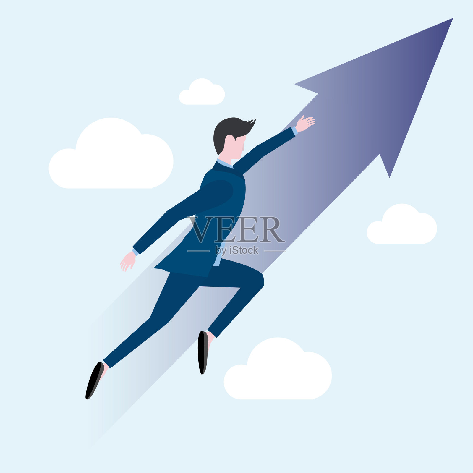 在蓝天、白云和向上的箭的背景下,一个人向他的目标移动。职业发展或创业插画图片素材