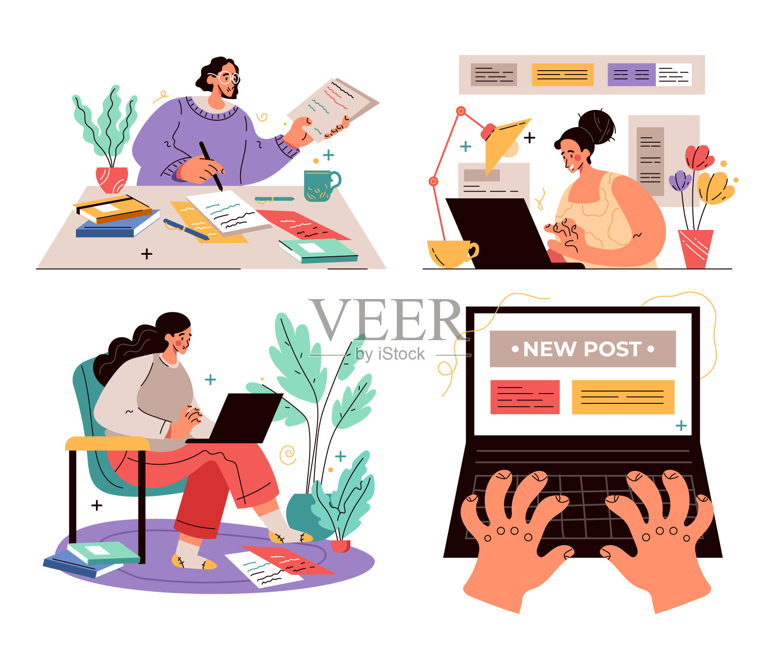 工人、人物、记者、文案、内容经理的工作理念。矢量平面卡通现代风格的图形说明插画图片素材