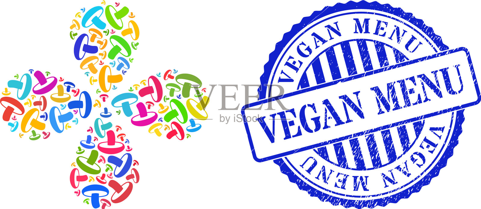 素食菜单窘迫邮票和蘑菇缤纷插画图片素材