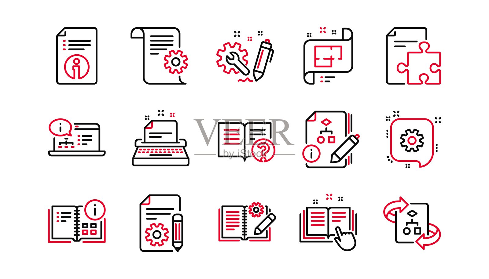 技术文档行图标。说明书、计划和手册。线性的图标集。向量图标素材