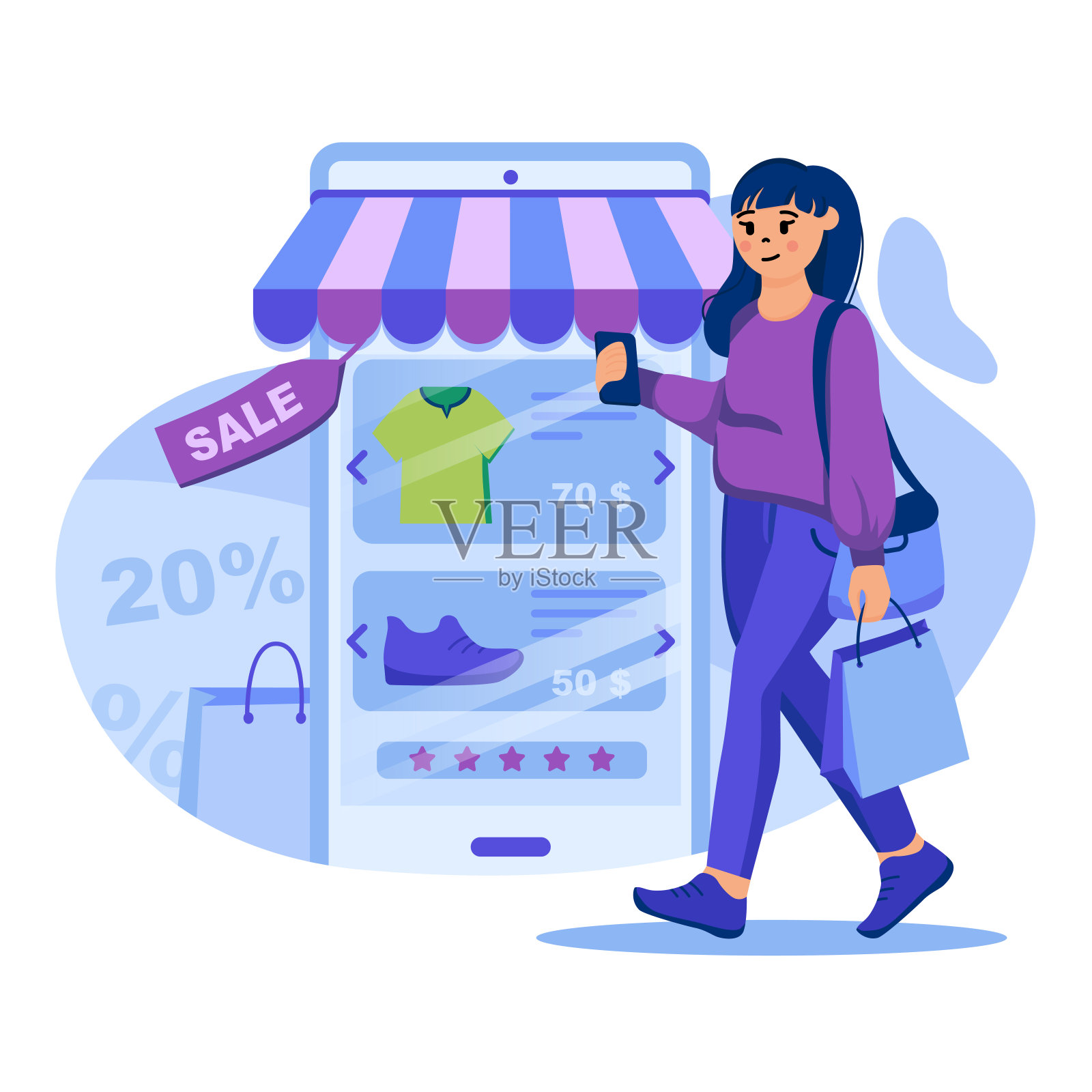 移动购物的概念。女人在网上用智能手机买衣服。买家在商店网页上购买。人的场景模板。矢量插图与字符在平面设计插画图片素材