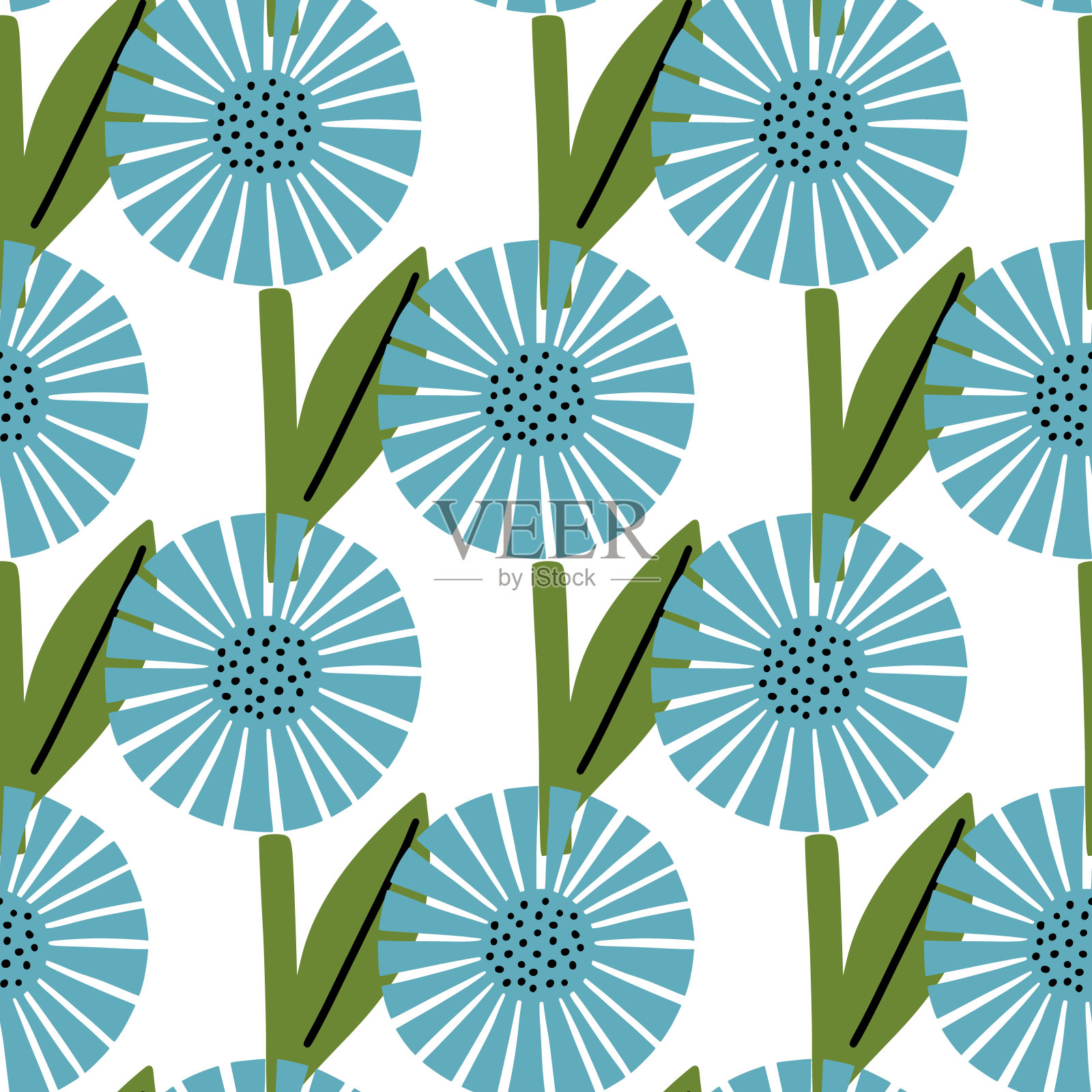 孤立植物无缝图案与涂鸦蓝色抽象雏菊花印花。白色背景。手绘的风格。插画图片素材