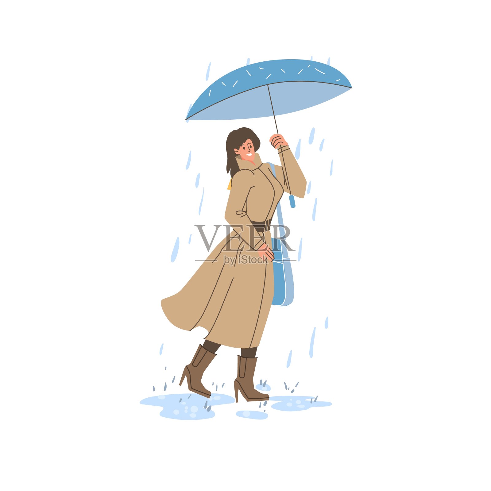 平面卡通人物在雨中,秋季矢量插画的概念插画图片素材