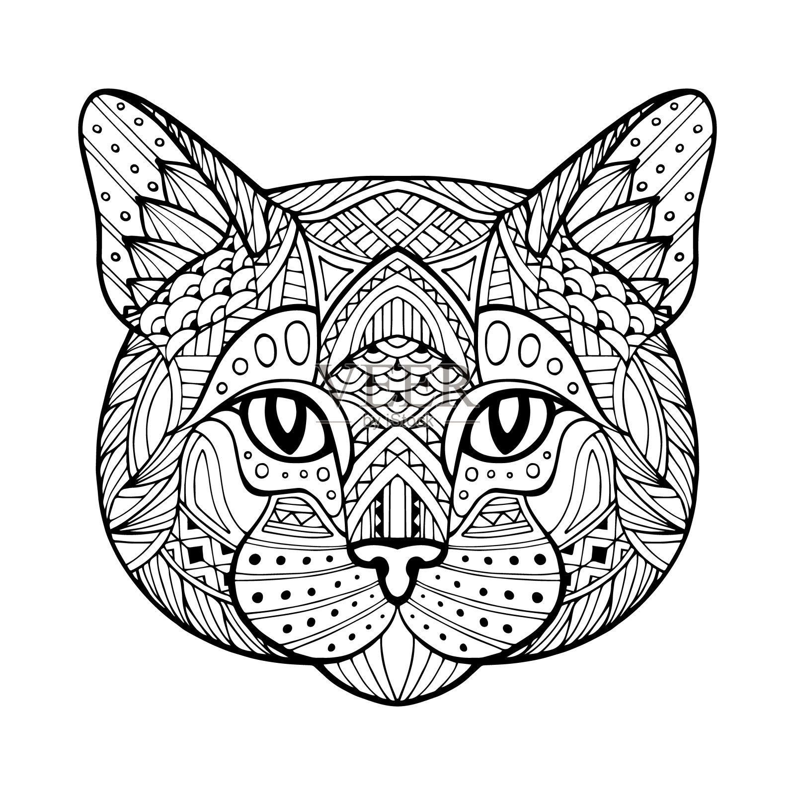 黑白相间的猫,小猫的头。抽象的民族单色猫脸装饰风格。标志。头豹,狮子,猎豹。手工绘制。卡通风格的插图。涂鸦,Zentangle插画图片素材
