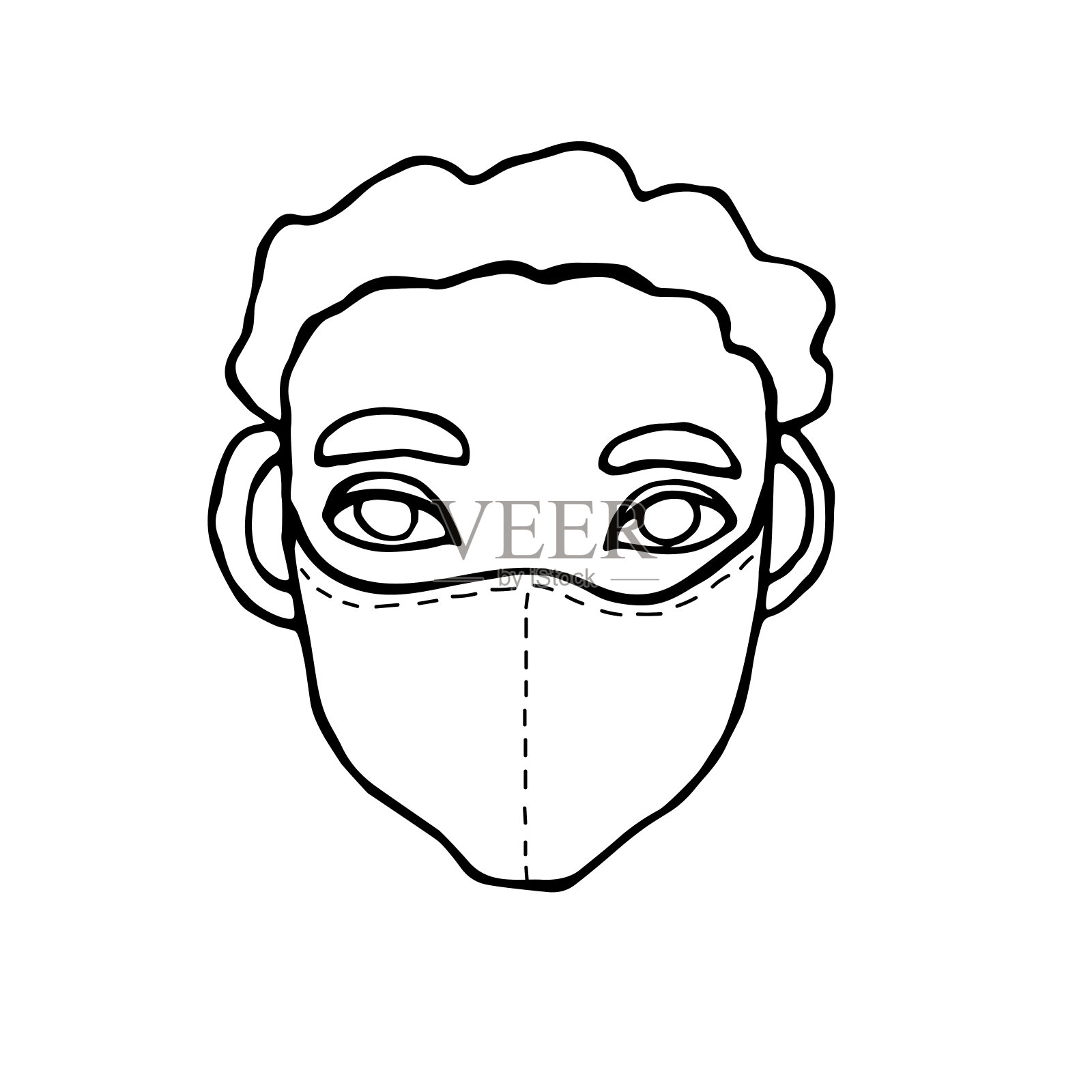 戴医用口罩的人可以防止感染、病毒。以隔离、自我隔离时间和新冠病毒预防为主题手绘黑色涂鸦轮廓图插画图片素材