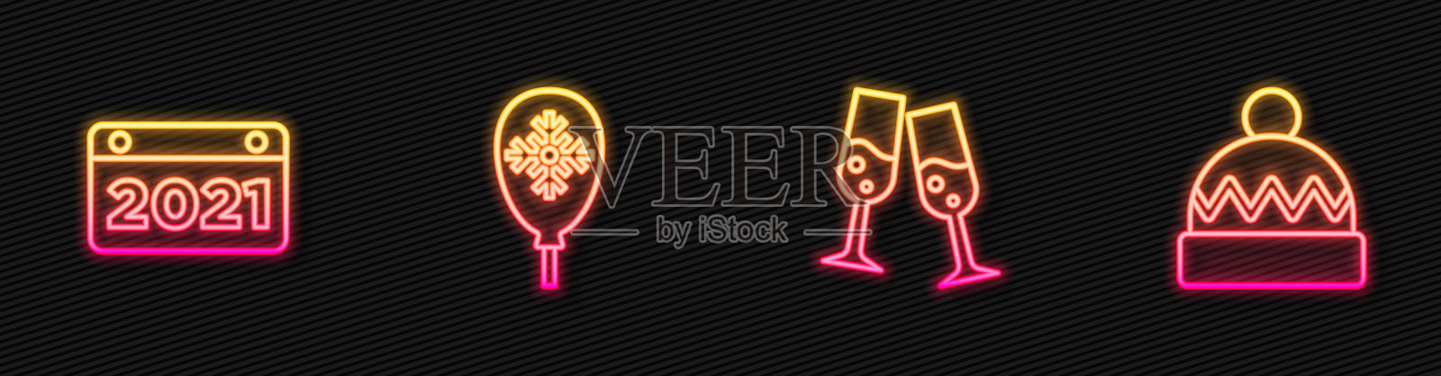 设置线杯香槟,日历,气球与雪花和冬天的帽子。发光的霓虹灯图标。向量插画图片素材