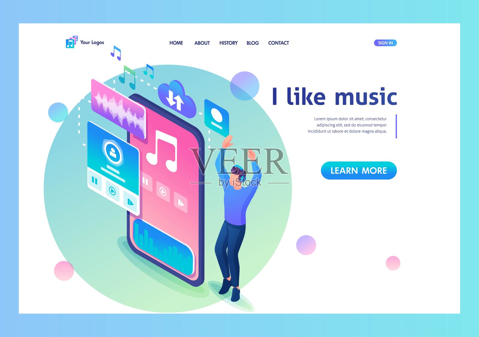 着陆页等距。我喜欢音乐。男人喜欢听他最喜欢的音乐,跳舞。矢量图插画图片素材