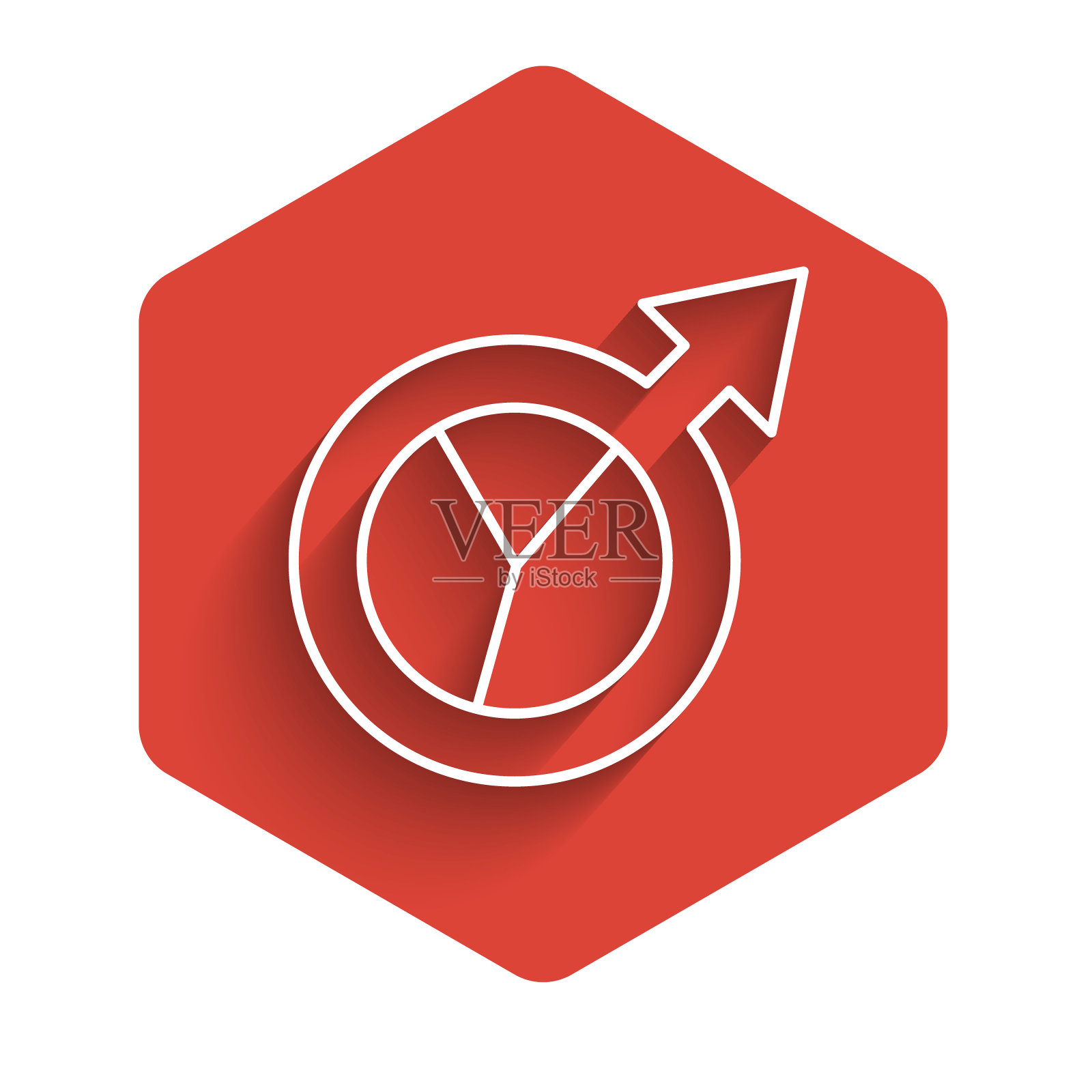 白线财务增长图标孤立与长阴影背景。增加收入。红色的六角按钮。向量图标素材