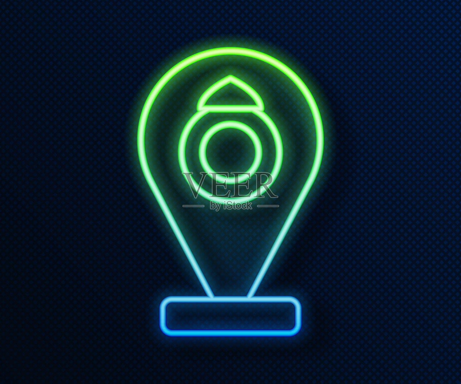 霓虹线建筑正面珠宝店图标孤立在蓝色背景上。向量插画图片素材