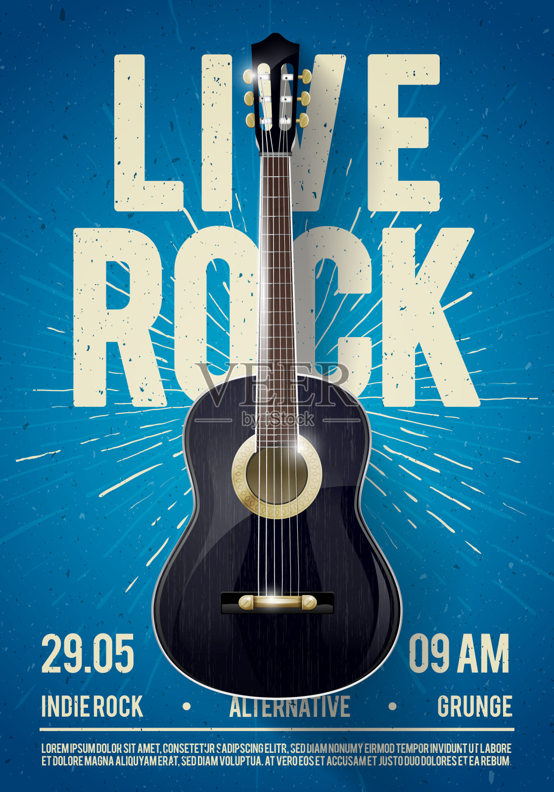 矢量插图美丽的现场经典摇滚音乐海报模板。用于俱乐部、酒吧、酒吧及公共场所的音乐会推广。音乐主题墙艺术与酷的字母和古典吉他插画图片素材