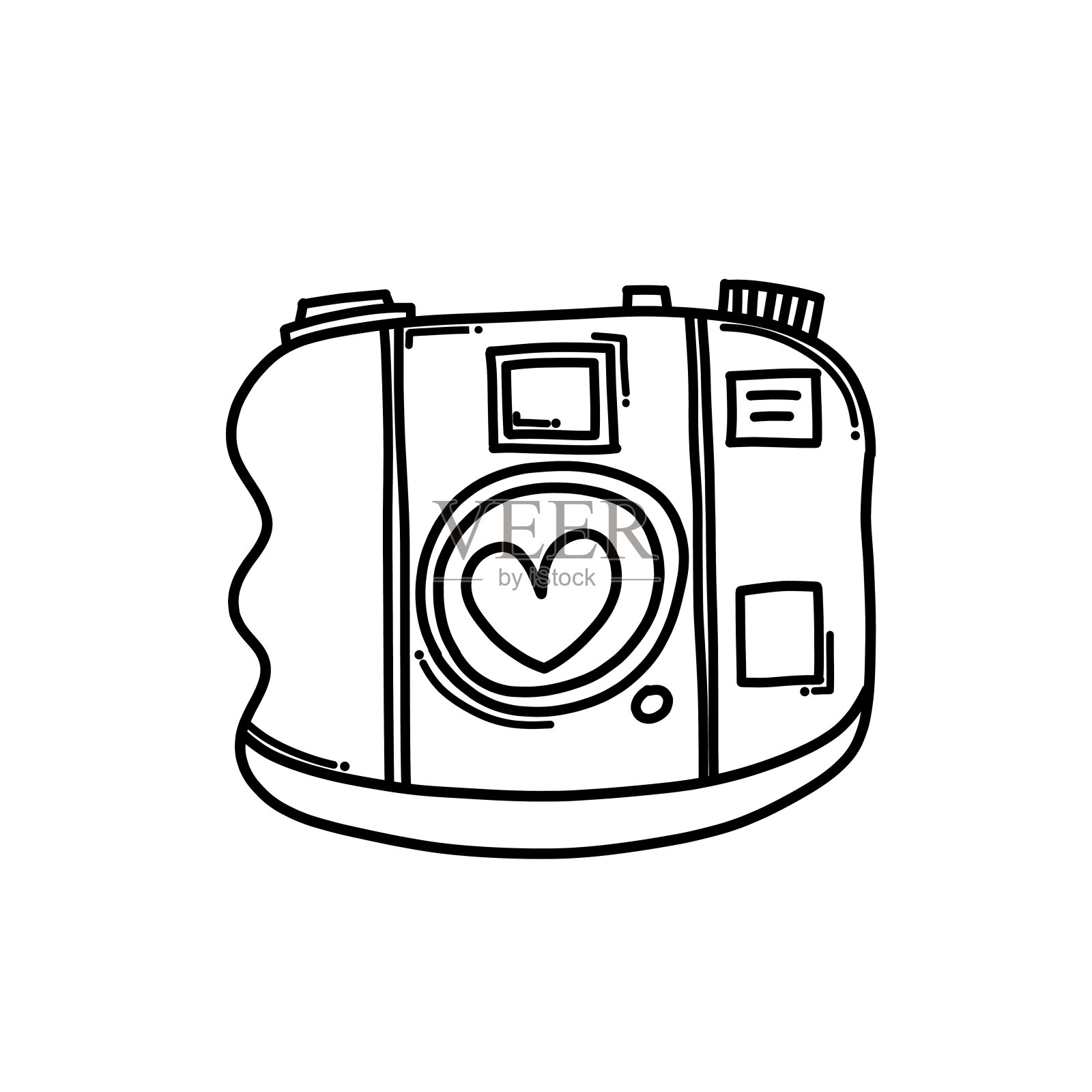 相机与爱涂鸦矢量图标。手绘素描插图卡通线eps10插画图片素材