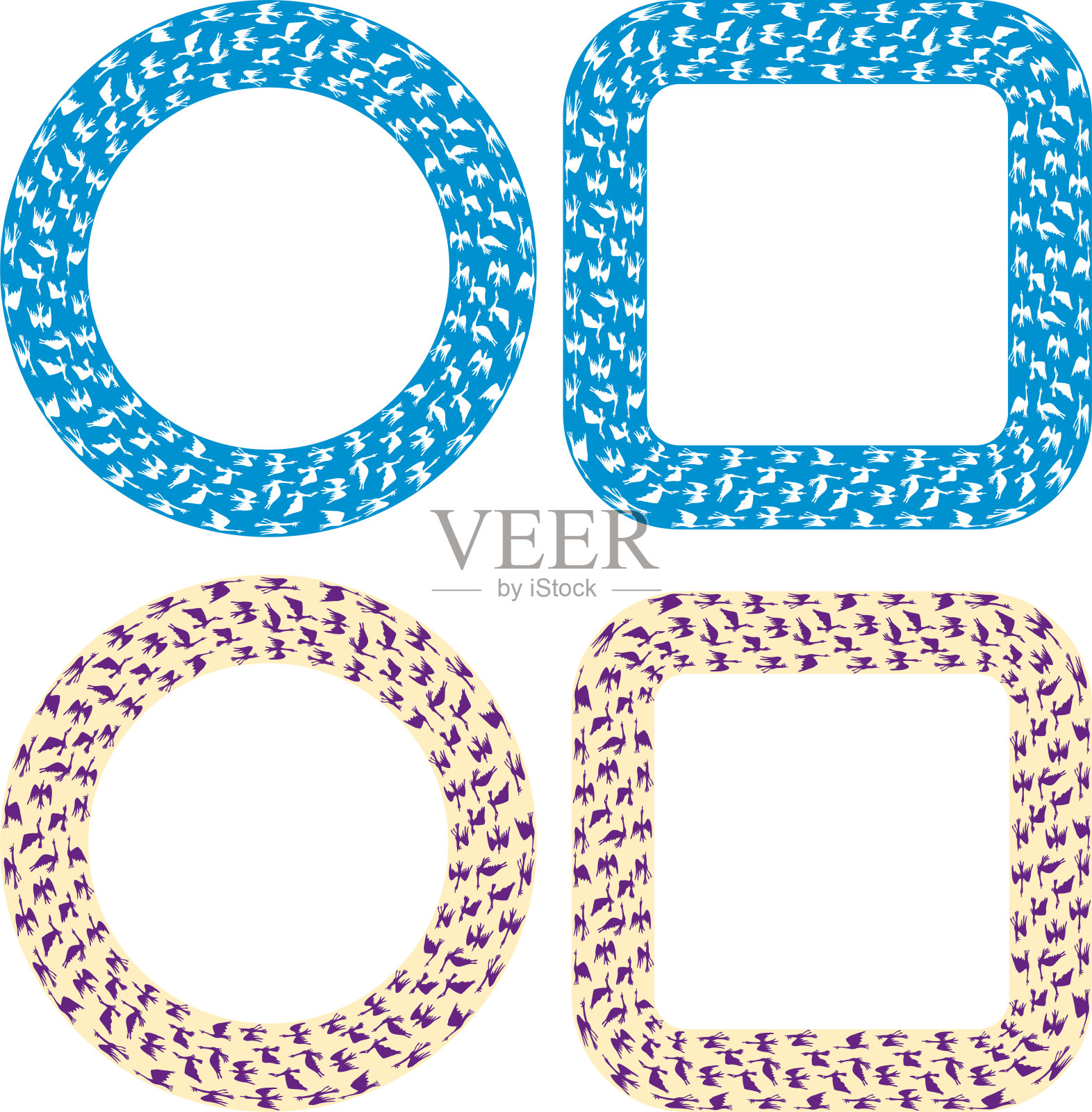 装饰性的圆形和方形边框由成群飞翔的大雁的剪影构成插画图片素材