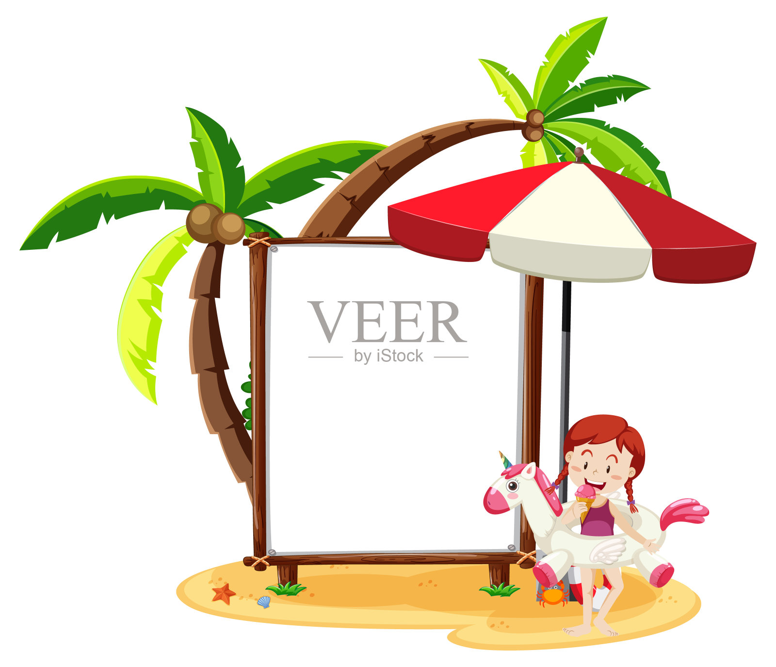 夏季海滩主题与空白横幅孤立在白色的背景插画图片素材