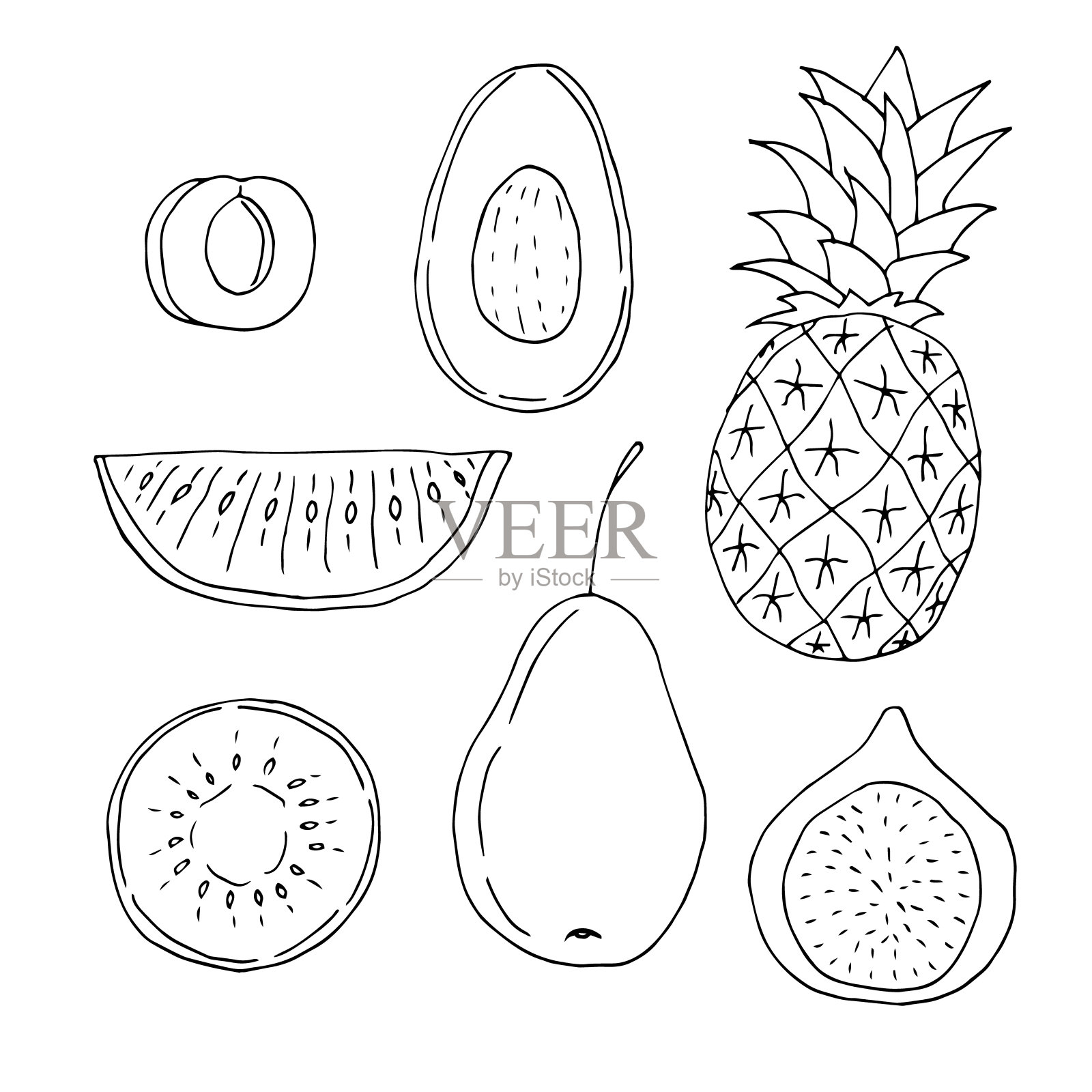 一套水果,杏,鳄梨,菠萝,西瓜,猕猴桃,梨,无花果,矢量插图,手绘涂鸦插画图片素材