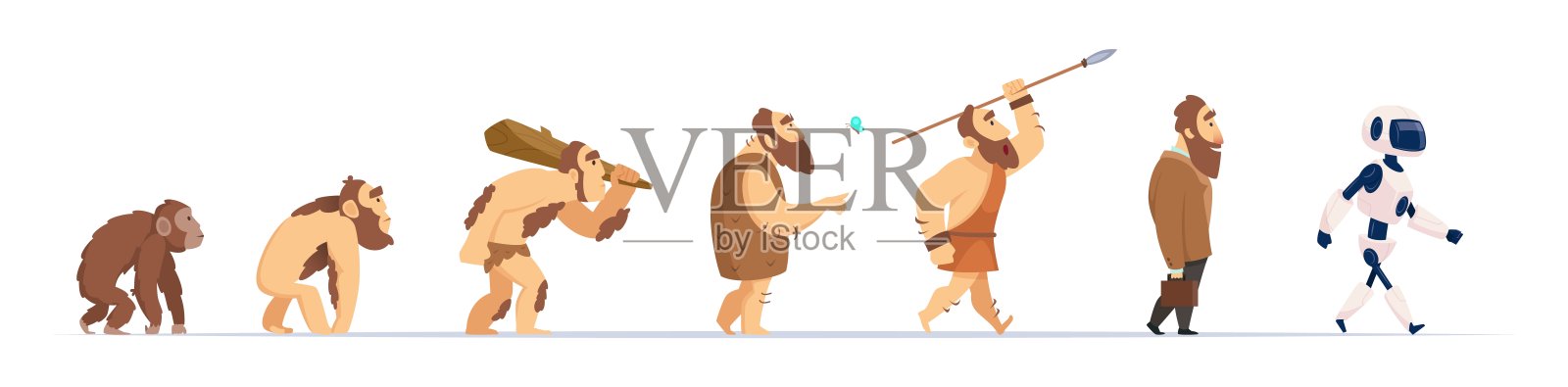 人类进化。从猴子到半机械人的历史概念精确矢量革命的角色插画图片素材