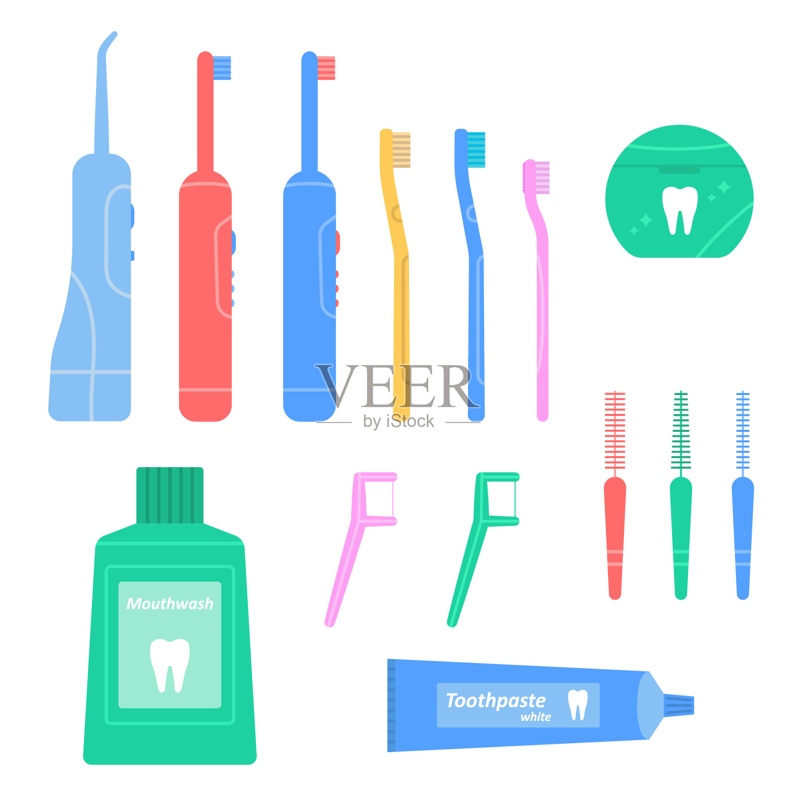牙齿清洁工具套装。卫生和口腔护理。平的风格。矢量插图在白色孤立的背景。插画图片素材