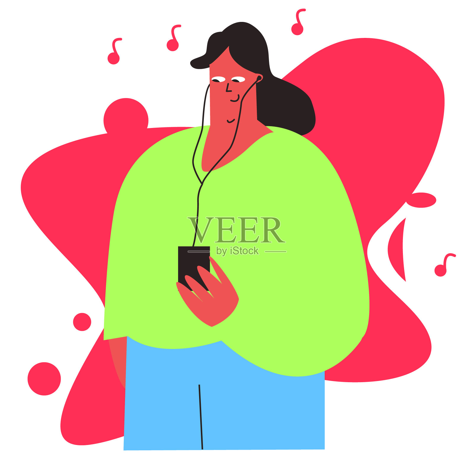 这个女孩戴着耳机听音乐。一个手里拿着电话的女人听音乐、有声读物、播客和广播。在线交流,视频聊天插画图片素材