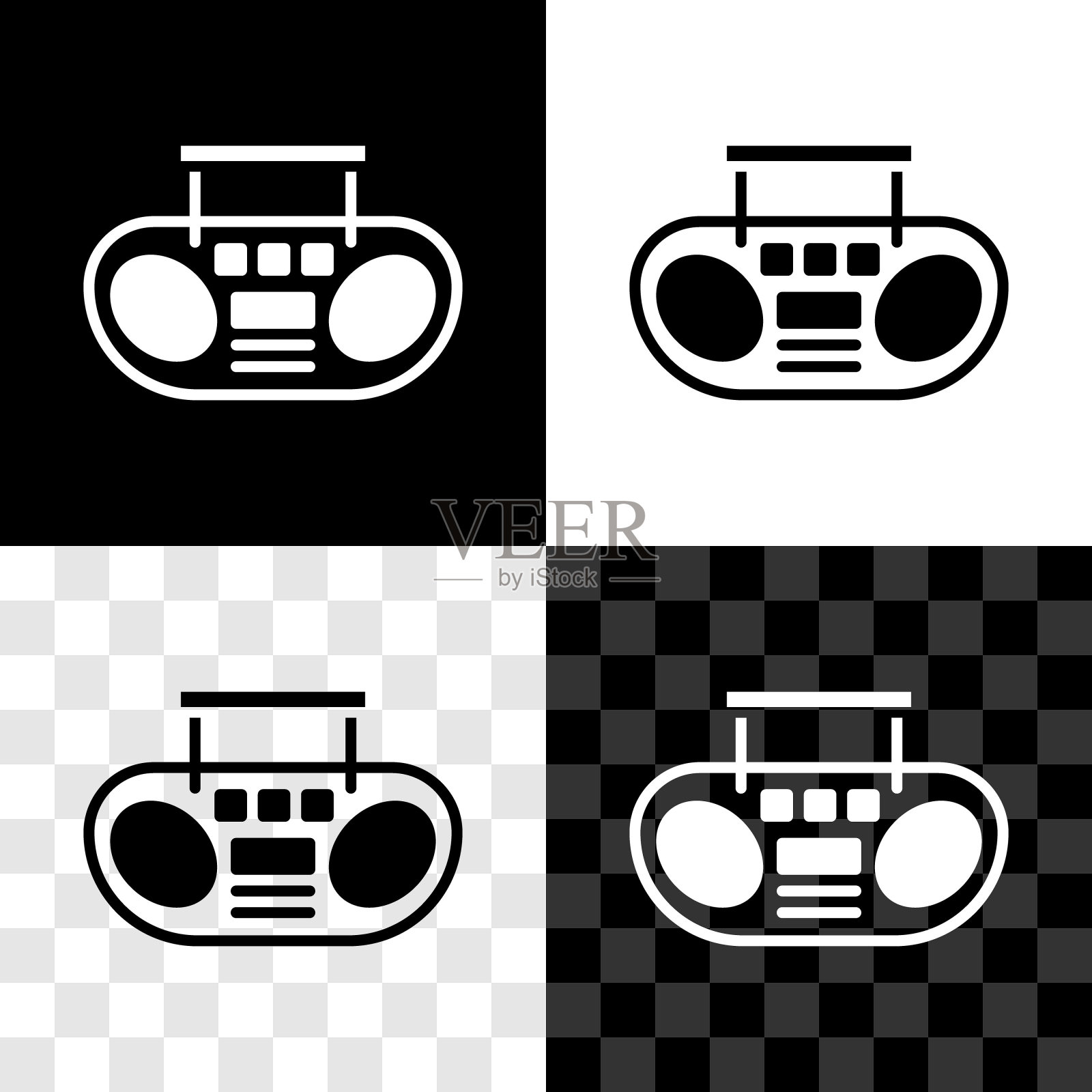 设置家庭立体声与两个扬声器图标隔离在黑色和白色,透明的背景。音乐系统。向量图标素材