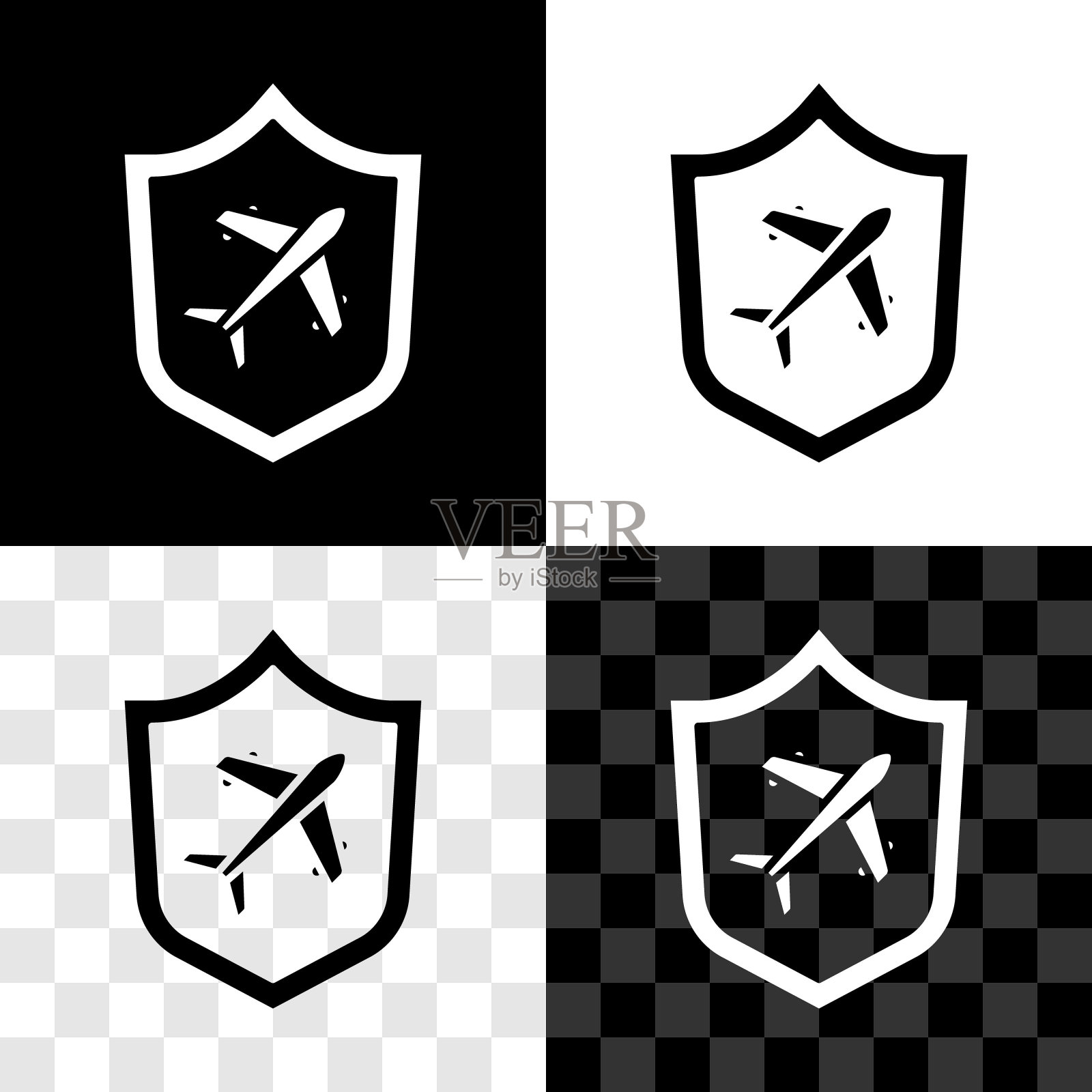 设置平面与盾牌图标隔离在黑色和白色,透明的背景。飞机飞行。飞机保险。安全、安全、保护、保护理念。向量插画图片素材