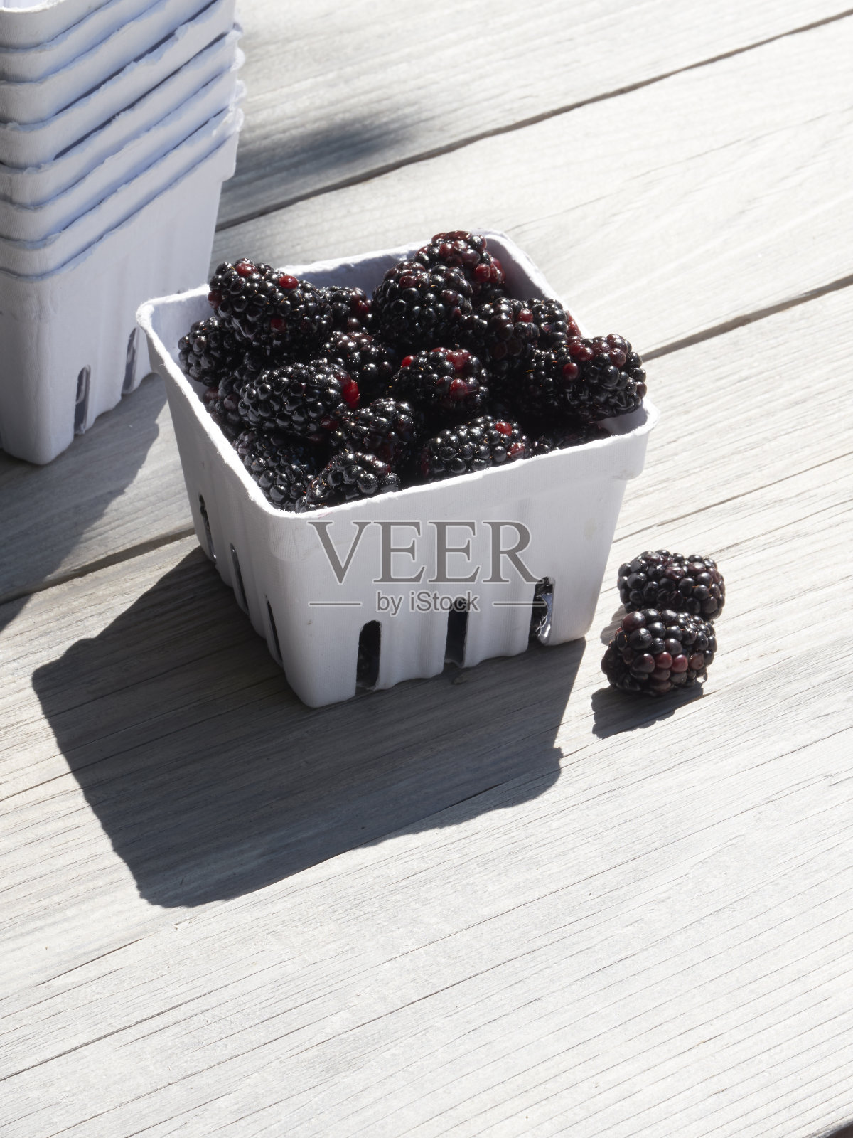 小篮子的农民市场准备品脱,550毫升,新鲜采摘的黑莓在阳光下放在花园工作台上照片摄影图片