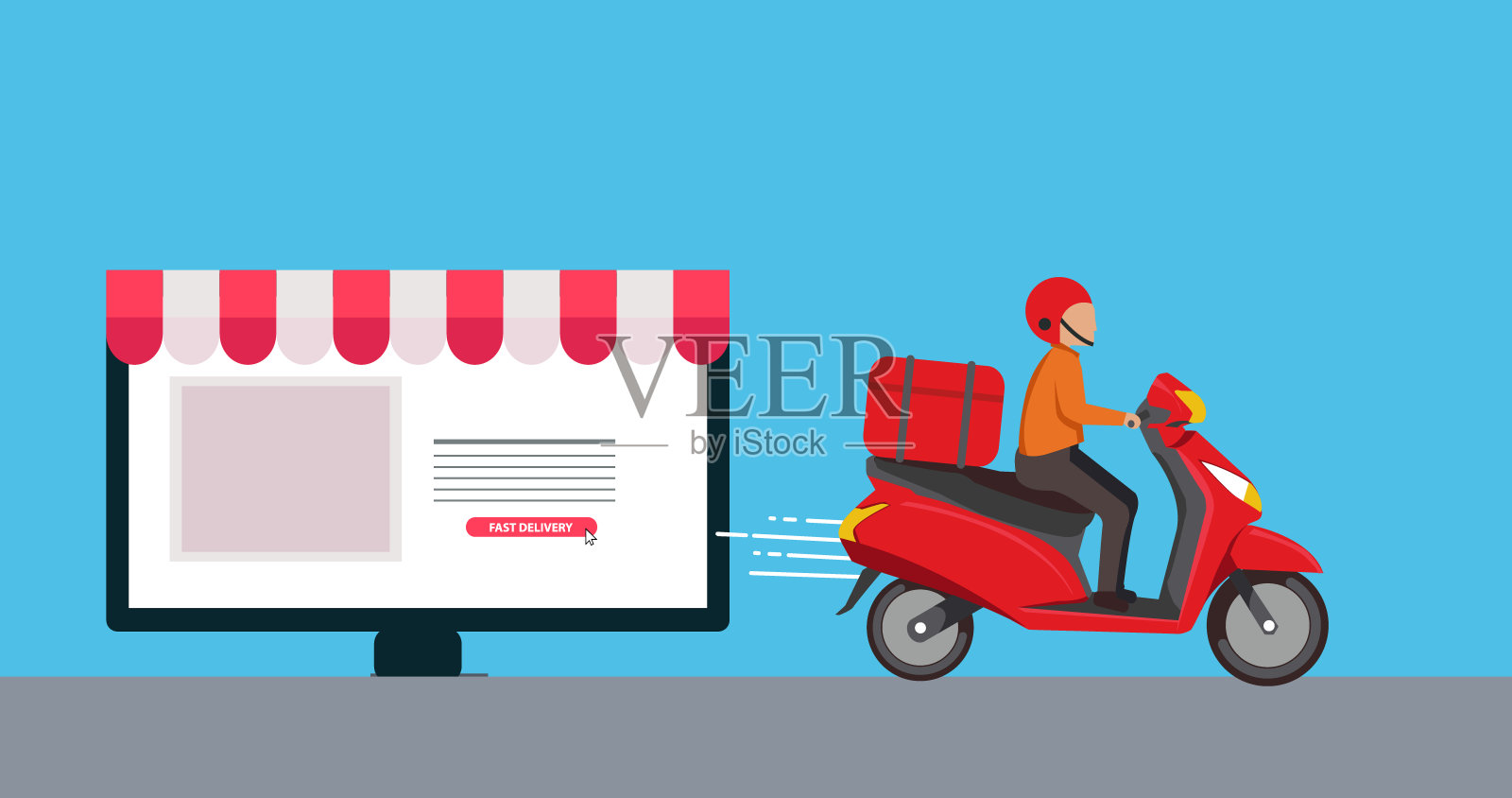 送货员来自电脑显示器,红色摩托车,快速送货,在线送货矢量图插画图片素材